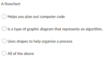 A flowchart
Helps you plan out computer code
Is a type of graphic diagram that represents an algorithm,
Uses shapes to help organize a process
All of the above