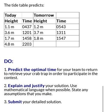 The tide table predicts:
Today
Height Time Height
1.1 m
0437 1.2 m
3.6 m
1201 3.7 m
1.7 m
1458 1.8 m
4.8 m
2203
Tomorrow
Time
0543
1311
1547
DO:
1. Predict the optimal time for your team to return
to retrieve your crab trap in order to participate in the
contest.
2. Explain and justify your solution. Use
mathematical language when possible. State any
assumptions that you make.
3. Submit your detailed solution.