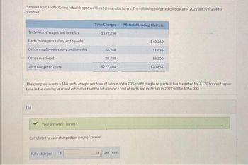 Sandhill Remanufacturing rebuilds spot welders for manufacturers. The following budgeted cost data for 2022 are available for
Sandhill:
Technicians' wages and benefits
Parts manager's salary and benefits
Office employee's salary and benefits
Other overhead
Total budgeted costs
(a)
Your answer is correct.
Time Charges Material Loading Charges
Rate charged
$192.240
$
56,960
28,480
$277,680
The company wants a $40 profit margin per hour of labour and a 20% profit margin on parts. It has budgeted for 7.120 hours of repair
time in the coming year and estimates that the total invoice cost of parts and materials in 2022 will be $366,000.
Calculate the rate charged per hour of labour.
$40,260
11,895
79 per hour
18,300
$70,455