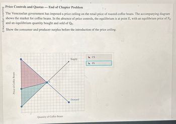 O Macmillan Learning
Price Controls and Quotas - End of Chapter Problem
The Venezuelan government has imposed a price ceiling on the retail price of roasted coffee beans. The accompanying diagram
shows the market for coffee beans. In the absence of price controls, the equilibrium is at point E, with an equilibrium price of PE
and an equilibrium quantity bought and sold of QE.
Show the consumer and producer surplus before the introduction of the price ceiling.
Price of Coffee Beans
E
Quantity of Coffee Beans
Supply
Demand
CS
PS