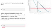 60
55
b. What are the profits of the firm if it charges a single
50
45
price?
40
35
30
25
MC
20
$
1225
15
10
MR
D
Suppose the monopolist able to successfully price
discriminate between two groups by charging one group
0 5 10 15 20 25 30 35 40 45 50 55 60 65 70 75 80 85 90 95100
Quantity
$
60 and charging $35 to the other group.
c. What are the firm's profits if it charges the two prices as
mentioned above?
1425
Incorrect
Price and Costs($)
