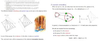 Hm, and let № be anomalous of G. Codes following:
1. embeddings show that if Na normal subgroup of G. then the inchesion map N→→G
an embedding of N into G. Specifically, prove that is injective and that it preserves the group
structure.
2. (Quotients) Let G/N be the quotient group formed by the cosets of N in G. Prove that the
quotient map : G G/N, defined by (9) N. it a surjection and show that it is a
homomorphiam.
3. (Comparison) Show that G/N is isomorphic to the image of the map : N G under the
condition that (N) normal m G. and uxplain the dillerence between embeddings and
quotients in this context.
The difference between embeddings and quotient maps can be seen in the subgroup lattice:
A example embedding
When we say 3D3, we really mean that the structure of 23 appears in D3.
This can be formalized by a map : Z3D3, defined by : nr.
AGL1(Z5)
C10
Dic 10
CA Co Co Ca
23
(f) (rf) (r²f)
c
(0)
(1)
C2 C2 C2
In one of these groups, D5 is subgroup. In the other, it arises as a quotient.
This, and much more, will be consequences of the celebrated isomorphism theorems.
In general, a homomomorphism is a function : G H with some extra properties.
We will use standard function terminology:
■the group G is the domain
the group H is the codomain
■the image is what is often called the range:
Im() = (G) = {(9)|gЄG}.