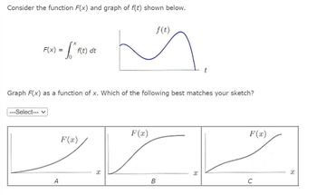 Consider the function F(x) and graph of f(t) shown below.
F(x) =
= f*
---Select--- v
A
f(t) dt
Graph F(x) as a function of x. Which of the following best matches your sketch?
F(x)
X
f(t)
F(x)
B
t
I
F(x)
C
X