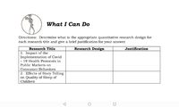 What I Can Do
Directions: Determine what is the appropriate quantitative research design for
each research title and give a brief justification for your answer.
Research Title
Research Design
Justification
1. Impact of the
Implementation of Covid
- 19 Health Protocols in
Public Markets on
Consumer Behaviors
2. Effects of Story Telling
on Quality of Sleep of
Children
