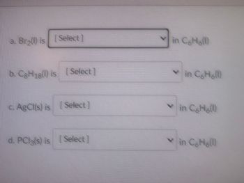 **Transcription for Educational Website:**

### Solubility Exercise

Choose the appropriate solubility state for each compound in benzene (C₆H₆(l)):

a. Br₂(l) is [Select ▼] in C₆H₆(l)

b. C₈H₁₈(l) is [Select ▼] in C₆H₆(l)

c. AgCl(s) is [Select ▼] in C₆H₆(l)

d. PCl₃(s) is [Select ▼] in C₆H₆(l)

### Instructions:
Use the dropdown menu to select whether each compound is soluble or insoluble in benzene. Consider the polarity and molecular structure when determining the solubility.