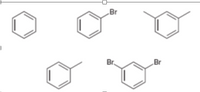 This image contains several structural formulas of organic compounds, specifically aromatic compounds (benzene derivatives). Below is a detailed transcription and description of each chemical structure from left to right and top to bottom:

1. The first structure is benzene, represented as a hexagon with alternating double bonds inside.

2. The second structure includes a benzene ring with one bromine (Br) atom attached to the ring. This is known as bromobenzene.

3. The third structure is a benzene ring with two methyl groups (CH₃) attached to it, positioned on the first and third carbon atoms of the ring, respectively. This compound is known as m-xylene (meta-xylene).

4. The fourth structure is similar to benzene but with this benzene ring having a single hydrogen atom substituted. This is a phenyl group.

5. The fifth structure is a benzene ring with two bromine (Br) atoms attached to it at the first and fourth positions. This compound is known as p-dibromobenzene (para-dibromobenzene).

These structures highlight simple derivatives of benzene, showcasing common functional groups and substituent patterns such as halogens and methyl groups. Each compound represents fundamental aspects of organic chemistry and can be used to explain concepts such as isomerism, electrophilic aromatic substitution reactions, and the reactivity of aromatic compounds.