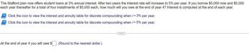 The Stafford plan now offers student loans at 3% annual interest. After two years the interest rate will increase to 5% per year. If you borrow $5,000 now and $5,000
each year thereafter for a total of four installments of $5,000 each, how much will you owe at the end of year 4? Interest is computed at the end of each year.
Click the icon to view the interest and annuity table for discrete compounding when i = 3% per year.
Click the icon to view the interest and annuity table for discrete compounding when i = 5% per year.
At the end of year 4 you will owe $
(Round to the nearest dollar.)
...