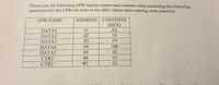 Please use the following GPR register names and contents when answering the following
questions:(let the GPRS be reset to the table values upon entering each question)
GPR NAME
ADDRESS
CONTENTS
(HEX)
DATA1
01
5A
DATA2
02
55
DATA3
03
F9
DATA4
04
DB
DATA5
05
4E
CTR1
06
03
CTR2
07
02
