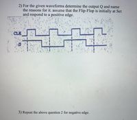 ### Educational Content on Flip-Flop Waveforms

#### Problem Statement

**2) For the given waveforms, determine the output Q and name the reasons for it. Assume that the Flip-Flop is initially at Set and responds to a positive edge.**

#### Diagram Explanation

The diagram features two waveforms:

- **CLK (Clock Signal):** This waveform oscillates between high and low states.
- **D (Data Input):** This waveform also alternates between high and low levels, although its pattern is different from the Clock Signal.

Both waveforms align horizontally, indicating time progression from left to right.

#### Task

Determine how the output Q of a flip-flop would behave given these waveforms, assuming:

- The flip-flop is a positive edge-triggered D flip-flop.
- It responds when the clock signal (CLK) transitions from low to high (positive edge).

---

**3) Repeat the above question 2 for a negative edge.**

In this scenario, analyze the output Q if the flip-flop responds to negative edges, where the clock signal (CLK) transitions from high to low.

---

This educational resource aims to practice understanding of digital circuits and timing analysis, specifically involving edge-triggered flip-flops.