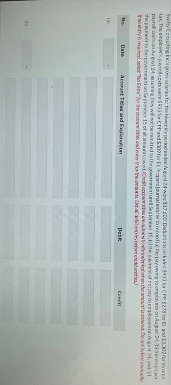 Swifty Consulting Inc.'s gross salaries for the biweekly period ended August 24 were $17,600. Deductions included $933 for CPP, $278 for El, and $3,309 for income
tax. The employer's payroll costs were $933 for CPP and $389 for El. Prepare journal entries to record (a) the pay owing to employees on August 24; (b) the employer
payroll costs on August 24, assuming they will not be remitted to the government until September 15; (c) the payment of net pay to employees on August 31; and (d)
the payment to the government on September 15 of all amounts owed. (Credit account titles are automatically indented when the amount is entered. Do not indent manually.
If no entry is required, select "No Entry" for the account titles and enter O for the amounts. List all debit entries before credit entries.)
No.
Date
(a)
(b)
Account Titles and Explanation
Debit
Credit