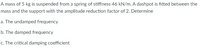 A mass of 5 kg is suspended from a spring of stiffness 46 kN/m. A dashpot is fitted between the
mass and the support with the amplitude reduction factor of 2. Determine
a. The undamped frequency
b. The damped frequency
c. The critical damping coefficient
