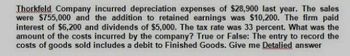 Thorkfeld Company incurred depreciation expenses of $28,900 last year. The sales
were $755,000 and the addition to retained earnings was $10,200. The firm paid
interest of $6,200 and dividends of $5,000. The tax rate was 33 percent. What was the
amount of the costs incurred by the company? True or False: The entry to record the
costs of goods sold includes a debit to Finished Goods. Give me Detalied answer