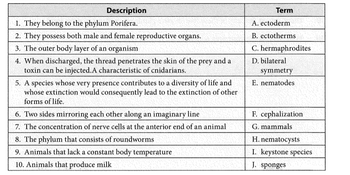 Description
1. They belong to the phylum Porifera.
2. They possess both male and female reproductive organs.
3. The outer body layer of an organism
4. When discharged, the thread penetrates the skin of the prey and a
toxin can be injected.A characteristic of cnidarians.
5. A species whose very presence contributes to a diversity of life and
whose extinction would consequently lead to the extinction of other
forms of life.
6. Two sides mirroring each other along an imaginary line
7. The concentration of nerve cells at the anterior end of an animal
8. The phylum that consists of roundworms
9. Animals that lack a constant body temperature
10. Animals that produce milk
Term
A. ectoderm
B. ectotherms
C. hermaphrodites
D. bilateral
symmetry
E. nematodes
F. cephalization
G. mammals
H. nematocysts
I. keystone species
J. sponges