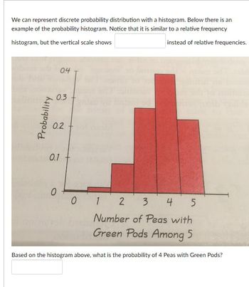 We can represent discrete probability distribution with a histogram. Below there is an
example of the probability histogram. Notice that it is similar to a relative frequency
histogram, but the vertical scale shows
instead of relative frequencies.
Probability
0.4
0.3
0.2
0.1
0
0
1
2
3 4 5
Number of Peas with
Green Pods Among 5
Based on the histogram above, what is the probability of 4 Peas with Green Pods?