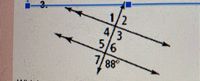 The diagram presents two parallel lines intersected by a transversal line, forming several angles. The angles are numbered from 1 to 7. A known angle, labeled as 88 degrees, is situated at the bottom right (angle 7).

- **Parallel Lines:** Two horizontal, parallel lines are shown, intersected by one transversal line.
- **Transversal Line:** A diagonal line crossing both parallel lines, creating angles at the intersection points.
- **Angles:**
  - Angles 1 and 2 are adjacent on the upper intersection.
  - Angles 4 and 3 are also adjacent on the upper intersection.
  - Angles 5 and 6 are adjacent on the lower intersection.
  - Angle 7, labeled as 88 degrees, is an exterior angle on the lower intersection.

This setup is typical for exploring the properties of angles formed when a transversal crosses parallel lines, such as corresponding angles, alternate interior angles, and co-interior angles.