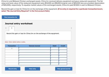 China Inn and Midwest Chicken exchanged assets. China Inn received delivery equipment and gave restaurant equipment. The fair
value and book value of the restaurant equipment were $14,000 and $9,000 (original cost of $44,000 less accumulated depreciation
of $35,000), respectively. To equalize market values of the exchanged assets, China Inn paid $7,000 in cash to Midwest Chicken.
Record the gain or loss for China Inn on the exchange of the equipment. (If no entry is required for a particular transaction/event,
select "No Journal Entry Required" in the first account field.)
View transaction list
Journal entry worksheet
1
Record the gain or loss for China Inn on the exchange of the equipment.
Note: Enter debits before credits.
Transaction
1
Record entry
General Journal
Clear entry
Debit
Credit
View general journal