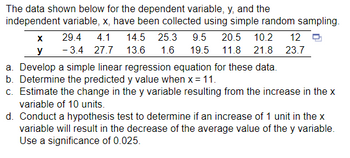 The data shown below for the dependent variable, y, and the
independent variable, x, have been collected using simple random sampling.
X
29.4 4.1 14.5 25.3 9.5 20.5 10.2 12
y -3.4 27.7 13.6 1.6 19.5 11.8 21.8 23.7
a. Develop a simple linear regression equation for these data.
b. Determine the predicted y value when x = 11.
c. Estimate the change in the y variable resulting from the increase in the x
variable of 10 units.
d. Conduct a hypothesis test to determine if an increase of 1 unit in the x
variable will result in the decrease of the average value of the y variable.
a significance of 0.025.