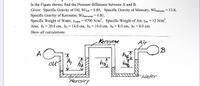 In the Figure shown, find the Pressure difference between A and B.
Given: Specific Gravity of Oil, SGoil = 0.85, Specific Gravity of Mercury, SGmercury = 13.6,
Specific Gravity of Kerosene, SGkerosene = 0.81,
Specific Weight of Water, Ywater= 9790 N/m², Specific Weight of Air, yair =
Also, hi = 20.0 cm, h2 = 14.0 cm, h3 = 10.0 cm, h4= 8.0 cm, h5 = 4.0 cm.
12 N/m³.
Show all calculations.
Kerosene
Air
IB
A
oil
hay
hi
Water
Mercury
