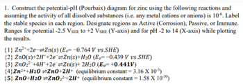 1. Construct the potential-pH (Pourbaix) diagram for zinc using the following reactions and
assuming the activity of all dissolved substances (i.e. any metal cations or anions) is 106. Label
the stable species in each region. Designate regions as Active (Corrosion), Passive, or Immune.
Ranges for potential -2.5 VSHE to +2 VSHE (Y-axis) and for pH -2 to 14 (X-axis) while plotting
the results.
{1} Zn²++2e−=Zn(s) (E。= -0.764 V vs.SHE)
{2} ZnO(s)+2H++2e¯¯=Zn(s)+H₂O (E。=-0.439 V vs.SHE)
{3} ZnO2+4H+2e¯=Zn(s)+ 2H2O (E0= +0.441V)
{4}Zn²++H20=Zn0+2H+ (equilibrium constant = 3.16 X 10-³)
{5} ZnO+H20=ZnO₂²+2H+ (equilibrium constant = 1.58 X 10-30)