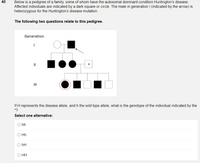 40
Below is a pedigree of a family, some of whom have the autosomal dominant condition Huntington's disease.
Affected individuals are indicated by a dark square or circle. The male in generation I (indicated by the arrow) is
heterozygous for the Huntington's disease mutation.
The following two questions relate to this pedigree.
Generation
II
II
If H represents the disease allele, and h the wild type allele, what is the genotype of the individual indicated by the
*?
Select one alternative:
O hh
O Hh
O hH
O HH
