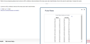 Refer to the accompanying data set and construct a 90% confidence interval estimate of the mean pulse rate of adult females; then do the same for adult males. Compare the results.
Construct a 90% confidence interval of the mean pulse rate for adult females.
| bpm<µ<|
bpm
(Round to one decimal place as needed.)
Pulse Rates
- X
Pulse Rates (beats per minute)
Males
Females
83
48
61
ample
Get more help
SORRELATIONS*28
76
50
59
49
77
52
64
73
57
63
77
83
65
67
96
PRECPFERRISIOANNIN
74
81
85
64
96
79
74
61
71
64
76
53
83
66
81
91
54
78
91
78
88
91
86
90
65
55
97
65
37
66
99
65
87
57
85
85
67
75
78
55
77
76
59
66
59
65
66
100
67
80
72
39
60
75
heck a