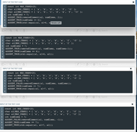 ### Test Case Code Explanation

The following test cases are written in C++ and aim to validate the behavior of functions related to character array manipulation. Below are the descriptions for each test case:

---

#### Test Case 1:
```cpp
const int MAX_CHARS=20;
char a1[MAX_CHARS] = { 'a', 'b', 'c', 'd', 'e', 'f', '\0' };
char a2[MAX_CHARS] = { 'a', 'b', 'c', 'd', 'e', 'f', '\0' };
int numElems = 7;
ASSERT_TRUE(removeElement(a2, numElems, 2));
ASSERT_TRUE(numElems == 6);
ASSERT_TRUE(std::equal(a1, a1+6, a2));
```

**Explanation:**
- **Purpose:** This test checks if the function `removeElement` successfully removes an element from the array `a2` at index `2`.
- **Assertions:**
  - The element at index 2 should be removed. 
  - `numElems` should be decremented to `6`.
  - The modified array `a2` should match the first six elements of `a1`.

---

#### Test Case 2:
```cpp
const int MAX_CHARS=20;
char a1[MAX_CHARS] = { 'a', 'b', 'c', 'd', 'e', 'f', '\0' };
char a2[MAX_CHARS] = { 'a', 'b', 'c', 'd', 'e', 'f', '\0' };
int numElems = 7;
ASSERT_TRUE(removeElement(a1, numElems, numElems-1));
ASSERT_TRUE(numElems == 6);
ASSERT_TRUE(std::equal(a1, a1+6, a2));
```

**Explanation:**
- **Purpose:** Checks if the `removeElement` function can remove the last element from `a1`.
- **Assertions:**
  - The last element of `a1` should be removed.
  - `numElems` should be updated to `6`.
  - The modified `a1` should match the first six elements of `a2`.

---

#### Test Case 3:
```cpp
const int MAX_CHARS=20;
char a1[MAX_CHARS] = { 'a', 'b', 'c', 'd', 'e', 'f',