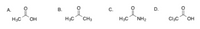 The image presents four different organic compounds, each with a letter label:

- **A.** Acetic acid: The structure is shown with a methyl group (CH₃) connected to a carboxylic acid group (COOH).

- **B.** Acetone: This compound is depicted with two methyl groups (CH₃) attached to a carbonyl group (C=O).

- **C.** Acetamide: Illustrated with a methyl group (CH₃) bonded to an amide group (CONH₂).

- **D.** Trichloroacetic acid: This structure features a trichloromethyl group (CCl₃) attached to a carboxylic acid group (COOH).

These illustrations provide a visual representation of the molecular structures, highlighting the specific functional groups and molecular frameworks associated with each compound.