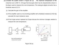 (a) Consider the system shown in Figure Q4 (a).
industrial oven is 600 °C. A K-type thermocouple which has its characteristics shown in
the maximum temperature of the
the figure used to measure the oven temperature. The analog-to-digital converter has a
threshold value of 2.5 V:
(i) Calculate the gain of the amplifier.
(ii) If the amplifier used is a non-inverting amplifier with a feedback resistance of 62 kO,
calculate the input resistance value.
(iii) If the K-type sensor replaced by E-type discuss the minimum changes needed to
measure the oven temperature.
80
Industrial
Oven
60
40
20
R
K-type
Thermocouples
Analog-to-Digital
Converter
Amplifier
600
1000
1500
20000
Temperature "c
Oven with temperature
Thermocouples
measurement system
characteristics
Figure Q4 (a)
millivolts (mV)
