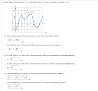 Use the graph of the derivative f' of a continuous function f is shown. (Assume f' continues to ∞.)
y
-4
y = f'(x)
-2
X
6
Ⓡ
(a) On what interval(s) is f increasing? (Enter your answer using interval notation.)
[1,6]U[8,00)
X
On what interval(s) is f decreasing? (Enter your answer using interval notation.)
[0,1] U [6,8]
(b) At what value(s) of x does f have a local maximum? (Enter your answers as a comma-separated list.)
X = 6
At what value(s) of x does f have a local minimum? (Enter your answers as a comma-separated list.)
X = 1,8
(c) On what interval(s) is f concave upward? (Enter your answer using interval notation.)
(0,2) U (3,5) U(7,00)
X
On what interval(s) is f concave downward? (Enter your answer using interval notation.)
(2,3) U (5,7)