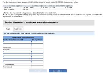 The Ski department reports sales of $625,000 and cost of goods sold of $437,500. Its expenses follow.
Direct expenses
Indirect expenses
$ 16,600
Service department expenses
Office
$ 21,000
Salaries
Depreciation
1. For the Ski department only, prepare a departmental income statement.
2. & 3. For the Ski department only, prepare a departmental contribution to overhead report. Based on these two reports, should the Ski
department be eliminated?
Complete this question by entering your answers in the tabs below.
Req 1
$ 120,000 Rent
54,400
For the Ski department only, prepare a departmental income statement.
Departmental Income Statement
Gross profit
Expenses
Req 2 and 3
For Year Ended December 31
Total expenses
Income (loss)
Ski Department
< Req 1
Req 2 and 3 >