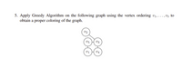 5. Apply Greedy Algorithm on the following graph using the vertex ordering vị, ..., v5 to
obtain a proper coloring of the graph.
V2
V3
Vị
V4
