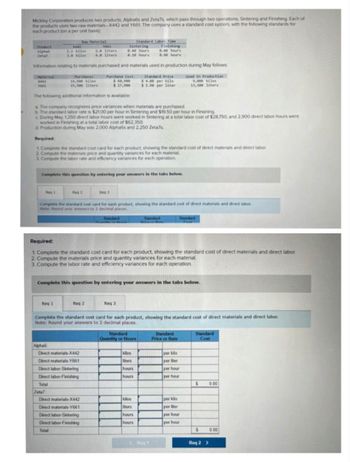 Mickley Corporation produces two products, Alpha6s and Zeta7s, which pass through two operations, Sintering and Finishing. Each of
the products uses two raw materials-X442 and Y661. The company uses a standard cost system, with the following standards for
each product (on a per unit basis)
Product
Alphab
Zeta?
Material
X442
V641
X442
3.2 kilos
3.0 kilos
0.00 hours
e.se hours
Information relating to materials purchased and materials used in production during May follows:
Bow Material
Purchase Cost
$ 60,900
$ 27,900
The following additional information is available:
Req 1
Purchases
14,500 kilos
15,500 liters
Req 1
V661
2.0 liters
4.0 liters
a. The company recognizes price variances when materials are purchased
b The standard labor rate is $21.00 per hour in Sintering and $19.50 per hour in Finishing
c. During May, 1.250 direct labor-hours were worked in Sintering at a total labor cost of $28.750, and 2,900 direct labor-hours were
worked in Finishing at a total labor cost of $62.350
d. Production during May was 2,000 Alpha6s and 2.250 Zeta7s
Alphab
Required:
1. Complete the standard cost card for each product, showing the standard cost of direct materials and direct labor
2.Compute the materials price and quantity variances for each material
3. Compute the labor rate and efficiency variances for each operation
Complete this question by entering your answers in the tabs below.
Req 2
Zeta7
Sintering
0.40 hours
9.10 hours
Req 2
Direct materials X442
Direct materials-Y661
Direct labor-Sintering
Direct labor-Finishing
Total
Peq3
Complete the standard cost card for each product, showing the standard cost of direct materials and direct labor.
Note: Round your answers to 2 decimal places.
Standard
Standard Laber Time
Direct materials-X442
Direct materials-Y661
Direct labor-Sintering
Direct labor-Finishing
Total
Required:
1. Complete the standard cost card for each product, showing the standard cost of direct materials and direct labor.
2. Compute the materials price and quantity variances for each material.
3. Compute the labor rate and efficiency variances for each operation.
Finishing
Complete this question by entering your answers in the tabs below.
Req 3
Standard Price
$ 4.00 per kile
$ 1.50 per liter
Standard
Quantity or Hours
Complete the standard cost card for each product, showing the standard cost of direct materials and direct labor.
Note: Round your answers to 2 decimal places.
kilos
ters
hours
hours
Standard
kilos
iters
hours
hours
Used In Production
9,000 kilos
13,500 liters
Standard
Standard
Price or Rate
per kilo
per liter
per hour
per hour
per kilo
per liter
per hour
per hour
Standard
Cost
$
S
Req 2 >
0.00
0.00