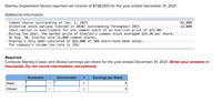 **Stanley Department Stores Financial Summary**

**Reported Financials:**
Stanley Department Stores achieved a net income of $738,000 for the fiscal year ending December 31, 2021.

**Additional Information:**
- **Common Shares Outstanding (as of January 1, 2021):** 65,000 
- **Incentive Stock Options:** 
  - Options vested in 2020 remained outstanding throughout 2021.
  - A total of 12,000 options are available, each exercisable for one common share at an exercise price of $21.00.
- **Market Data:**
  - The average market price for Stanley's common stock during the year was $25.20 per share.
- **Stock Transactions:**
  - On August 30, Stanley sold an additional 15,000 common shares.
- **Debt Information:**
  - Stanley carries $32,000 in short-term bank notes with a 10% interest rate.
- **Tax Rate:** The company's income is taxed at a rate of 25%.

**Calculation Requirements:**
You are required to compute Stanley’s basic and diluted earnings per share for the fiscal year ending December 31, 2021. Ensure all final calculations are reported in thousands and do not round any intermediate calculations.

**Summary of Earnings Per Share Calculation:**
- **Table Details:** Determine the numerator (net income) and use the appropriate denominator (weighted average shares outstanding for basic EPS; include potential shares for diluted EPS).
- **Basic EPS Formula:** \[\text{Earnings per Share (Basic)} = \frac{\text{Net Income}}{\text{Weighted Average Shares Outstanding}}\]
- **Diluted EPS Formula:** \[\text{Earnings per Share (Diluted)} = \frac{\text{Net Income}}{\text{Weighted Average Shares + Potential Shares from Options}}\]

Your comprehensive analysis should be informed by the above data and expressed accurately in the table provided below the instructions.