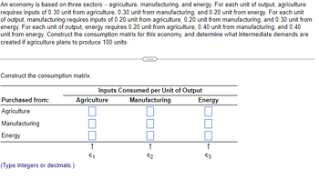 An economy is based on three sectors - agriculture, manufacturing, and energy. For each unit of output, agriculture
requires inputs of 0.30 unit from agriculture, 0.30 unit from manufacturing, and 0.20 unit from energy. For each unit
of output, manufacturing requires inputs of 0.20 unit from agriculture, 0.20 unit from manufacturing, and 0.30 unit from
energy. For each unit of output, energy requires 0.20 unit from agriculture, 0.40 unit from manufacturing, and 0.40
unit from energy. Construct the consumption matrix for this economy, and determine what intermediate demands are
created if agriculture plans to produce 100 units.
Construct the consumption matrix.
Purchased from:
Agriculture
Manufacturing
Energy
(Type integers or decimals.)
Inputs Consumed per Unit of Output
Manufacturing
Agriculture
↑
C₁
↑
C₂
Energy
↑
C3