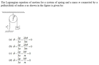 The Lagrangian equation of motion for a system of spring and a mass m connected by a
pulley(disk) of radius a as shown in the figure is given by:
(a) ë- 28 ,
2g , 2ke
= 0
За
Зт
(b) ӧ+
За
2g , 2ko
= 0
3m
(с) ө—
За
2g , ke
= 0
2g, ko
(d) ô +
За
m
0 =
