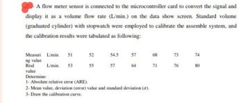 A flow meter sensor is connected to the microcontroller card to convert the signal and
display it as a volume flow rate (L/min.) on the data show screen. Standard volume
(graduated cylinder) with stopwatch were employed to calibrate the assemble system, and
the calibration results were tabulated as following:
Measuri L/min.
51
52
54.5
57
68
ng value
Real
L/min. 53
55
57
64
71 76
77
0
73
74
80
value
Determine:
1- Absolute relative error (ARE).
2- Mean value, deviation (error) value and standard deviation (σ).
3- Draw the calibration curve.