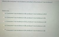 What is the consumer's tax incidence and what is the producer's tax incidence?
Select one:
O a. Consumer's tax incidence is $0; producer's tax incidence is $12
b. Consumer's tax incidence is $6; producer's tax incidence is $6
c. Consumer's tax incidence is $12; producer's tax incidence is $0
d. Consumer's tax incidence is $8; producer's tax incidence is $4
Consumer's tax incidence is $4; producer's tax incidence is $8
