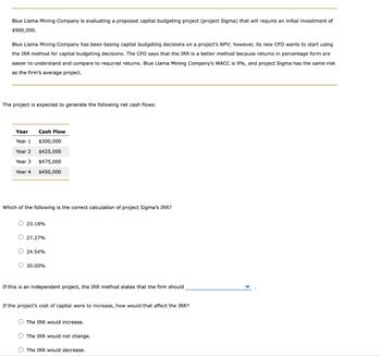 Blue Llama Mining Company is evaluating a proposed capital budgeting project (project Sigma) that will require an initial investment of
$900,000.
Blue Llama Mining Company has been basing capital budgeting decisions on a project's NPV; however, its new CFO wants to start using
the IRR method for capital budgeting decisions. The CFO says that the IRR is a better method because returns in percentage form are
easier to understand and compare to required returns. Blue Llama Mining Company's WACC is 9%, and project Sigma has the same risk
as the firm's average project.
The project is expected to generate the following net cash flows:
Year
Year 1
Year 2
Year 3
Year 4
Cash Flow
$300,000
$425,000
$475,000
$450,000
Which of the following is the correct calculation of project Sigma's IRR?
O23.18%
27.27%
O24.54%
O 30.00%
If this is an independent project, the IRR method states that the firm should
If the project's cost of capital were to increase, how would that affect the IRR?
O The IRR would increase.
O The IRR would not change.
O The IRR would decrease.