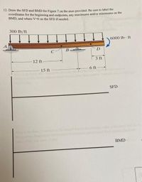 12. Draw the SFD and BMD for Figure 7 on the axes provided. Be sure to label the
coordinates for the beginning and endpoints, any maximums and/or minimums on the
BMD, and where V=0 on the SFD if needed.
300 lb/ft
6000 lb. ft
D
3 ft
12 ft
6 ft
15 ft
SFD
BMD
