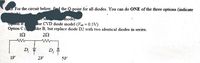 ### Circuit Analysis Problem

**Problem Statement:**

For the circuit below, find the Q-point for all diodes. You can do ONE of the three options (indicate which):

1. Use ideal diode model.
2. Use CVD diode model \( (V_{on} = 0.5V) \).
3. Like B, but replace diode \( D_2 \) with two identical diodes in series.

**Circuit Diagram:**
\[
\begin{array}{c}
\begin{array}{c}
\begin{array}{ccc}
 & \; 1\Omega & \; \; \; \; \; \; \; 2\Omega  \\
 | & \; \;  & \; \; \; \; \; \; \; \;  \\
 | & \; \;  & \; \; \; \; \; \; \; \;  \\
1V \; & \; \; D_1  & \; \; \; \; \; \; D_2 \\
 | & \; \;  & \; \; \; \; \; \; \; | \; \; 2V \; \; 5V
 \end{array}
 \end{array} 
 \end{array}
\]

**Explanation of the Circuit Diagram:**

The circuit consists of two branches with diodes \(D_1\) and \(D_2\). Here's a detailed explanation:

- The left branch includes:
  - A \( 1\Omega \) resistor in series with diode \( D_1 \).
  - A voltage source of \( 1V \) is applied across the branch.

- The right branch includes:
  - A \( 2\Omega \) resistor in series with diode \( D_2 \).
  - A voltage source of \( 2V \) is applied across the resistor and diode series combination.
  - An additional voltage source of \( 5V \) is applied across the entire branch including both the \( 2\Omega \) resistor and \( D_2 \).

You need to choose one modeling option (either ideal, CVD, or the modified CVD with two diodes in series) to analyze the circuit and find the Q-point (operating point) for each diode.