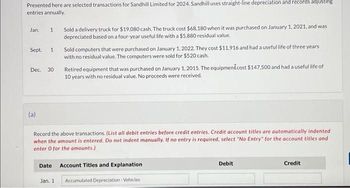 Presented here are selected transactions for Sandhill Limited for 2024. Sandhill uses straight-line depreciation and records adjusting
entries annually.
Jan. 1
Sept. 1
Dec. 30
(a)
Sold a delivery truck for $19,080 cash. The truck cost $68,180 when it was purchased on January 1, 2021, and was
depreciated based on a four-year useful life with a $5,880 residual value.
Sold computers that were purchased on January 1, 2022. They cost $11.916 and had a useful life of three years
with no residual value. The computers were sold for $520 cash.
Retired equipment that was purchased on January 1, 2015. The equipment cost $147,500 and had a useful life of
10 years with no residual value. No proceeds were received.
Record the above transactions. (List all debit entries before credit entries. Credit account titles are automatically indented
when the amount is entered. Do not indent manually. If no entry is required, select "No Entry for the account titles and
enter o for the amounts.)
Date Account Titles and Explanation
Jan. 1 Accumulated Depreciation-Vehicles
Debit
Credit