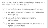 Which of the following alleles is most likely to increase in a
population due to natural selection?
A. An allele that prevents peptidoglycan synthesis
B. An allele that causes a helminth to produce eggs
more quickly
C. An allele that creates a non-functional
cytoskeleton
D. An allele that prevents algae from capturing blue
light in photosynthesis
