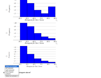 Frequency
O
O
Frequency
Frequency
8
6
N
10
8
6
-14
12
10
8
6
4
Select an answer
left-skewed
right-skewed
d) bell-shaped
uniform
Select an answer ✓
49.5
49.5
49.5
59.5
69.5
79.5
Histogram for Test 2 Score
79.5
59.5 69.5
Histogram for Test 2 Score
79.5
69.5
Histogram for Test 2 Score
59.5
histogram above?
89.5
89.5
89.5
99.5
99.5
Q
99.5