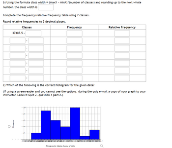 b) Using the formula class width = (maxX - minX)/(number of classes) and rounding up to the next whole
number, the class width is
Complete the frequency/relative frequency table using 7 classes.
Round relative frequencies to 3 decimal places.
Classes
37487.5 -
O
Frequency
c) Which of the following is the correct histogram for the given data?
(If using a screenreader and you cannot see the options, during the quiz e-mail a copy of your graph to your
instructor. Label it Quiz 2, question 4 part c.)
Kumba
Relative Frequency
35b60bebesb¶¶¶¶¶¶7 54980447-400500066 36/RE590 60 6.5
Histogram for Median Income of Males