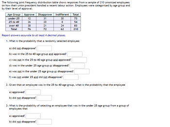 The following joint frequency distribution table shows responses from a sample of 210 unionized employees
on how their union president handled a recent labour action. Employees were categorized by age group and
by their level of approval.
Age Group
under 25
25 to 40
over 40
Total
Approve
12
26
38
76
Disapprove
31
20
21
72
Indifferent
30
8
24
62
a) approved?
b) did not disapprove?
Total
73
54
83
210
Report answers accurate to at least 4 decimal places.
1. What is the probability that a randomly selected employee:
a) did not disapprove?
b) was in the 25 to 40 age group and approved?
c) was not in the 25 to 40 age group and approved?
d) was in the under 25 age group or disapproved?
e) was not in the under 25 age group or disapproved?
f) was not under 25 and did not disapprove?
2. Given that an employee was in the 25 to 40 age group, what is the probability that the employee
a) approved?
b) did not disapprove?
3. What is the probability of selecting an employee that was in the under 25 age group from a group of
employees that