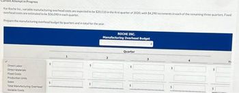 Current Attempt in Progress
For Roche Inc., variable manufacturing overhead costs are expected to be $20.510 in the first quarter of 2020, with $4,290 increments in each of the remaining three quarters. Fixed
overhead costs are estimated to be $36.090 in each quarter.
Prepare the manufacturing overhead budget by quarters and in total for the year.
Direct Labor
Direct Materials
Foxed Costs
Production Units
Sales
Total Manufacturing Overhead
Variable Costs
S
ROCHE INC.
Manufacturing Overhead Budget
Quarter
3
#