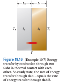 1 T.
Figure 19.16 (Example 19.7) Energy
transfer by conduction through two
slabs in thermal contact with each
other. At steady state, the rate of energy
transfer through slab 1 equals the rate
of energy transfer through slab 2.
