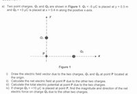 a) Two point charges, Q, and Q2 are shown in Figure 1. Q, = -5 µC is placed at y = 0.3 m
and Q2 = +3 µC is placed at x = 0.4 m along the positive x-axis.
Q2
Figure 1
i) Draw the electric field vector due to the two charges, Q, and Qz at point P located at
the origin.
ii) Calculate the net electric field at point P due to the other two charges.
iii) Calculate the total electric potential at point P due to the two charges.
iv) If charge Q, = +10 µC is placed at point P, find the magnitude and direction of the net
electric force on charge Q3 due to the other two charges.
