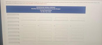 (a) Prepare a monthly manufacturing overhead flexible budget for the year ending December 31, 2022, assuming production levels range from 41,000 to 56.900 direct labor hours. Use
increments of 5,200 direct labor hours. [List variable costs before foxed costs.)
WHISPERING WINDS COMPANY
Monthly Manufacturing Overhead Flexible Budget
Ironing Department
For the Year 2022