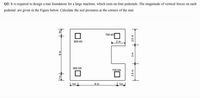 Q2: It is required to design a mat foundation for a large machine, which rests on four pedestals. The magnitude of vertical forces on each
pedestal are given in the Figure below. Calculate the soil pressures at the corners of the mat.
700 kN
800 kN
2 m
800 kN
700 kN
1m
8 m
1m
2.5 m
2.5 m
